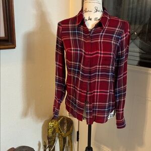 Plaid Flannel Button-Up Shirt - Red and Blue